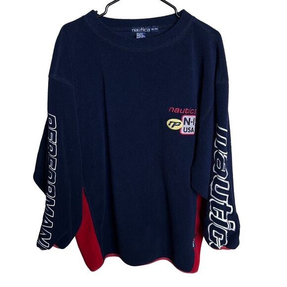 Vintage 90s Nautica Tech Fleece Pullover With Lettering XL Made In USA - Picture 1 of 6